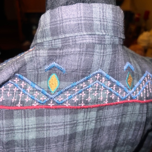 3J Workshop Johnny Was Embroidered Long Dress XS Blue Plaid - Picture 5 of 8